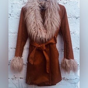 Brown Faux Fur Trimmed Women's Coat